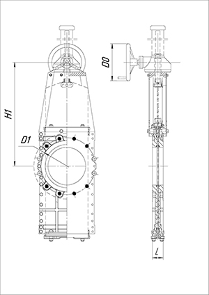 Basic dimensions and connection sizes of PA 510 series knife gate valves DN 50-1200** mm with gearbox. Image