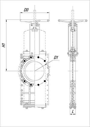 Basic dimensions and connection sizes of PA 510 series knife gate valves DN50-500 mm with a handwheel. Image