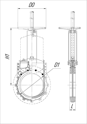 Basic dimensions and connection sizes of PA 560 series knife gate valves DN50-500 mm with a handwheel. Image