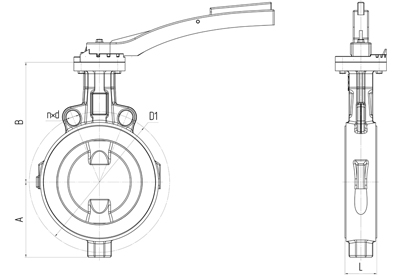 The main overall and mounting dimensions of wafer type butterfly valves PA 200 series. With handle. Image