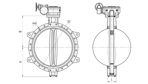 Basic overall and connection dimensions of wafer type butterfly valves. DN 700-1200 with reduction gear. Image