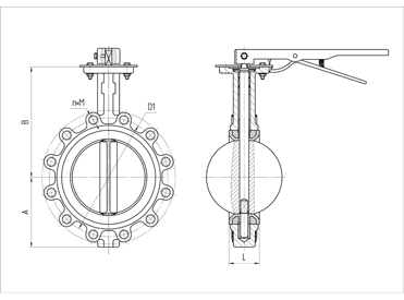 Basic overall and connection dimensions of lug wafer butterfly valves. DN 40-200 with handle. Image