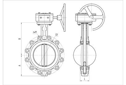 Basic overall and connection dimensions of lug wafer butterfly valves. DN 40-600 with reduction gear. Image
