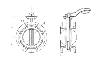 Basic overall dimensions of the flanged butterfly valves PA 300 series. DN 50-150 mm with a handle. Image