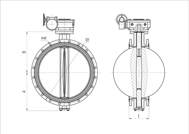 Basic overall dimensions of the flanged butterfly valves PA 300 series. DN 50-1200 mm with a handle. Image