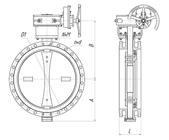 Basic overall and connection dimensions of butterfly valves PA 700. DN 600-2400 with reduction gear. Image