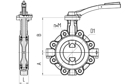 Main overall dimensions of wafer type butterfly valves PA 200 series. With a handle. Image