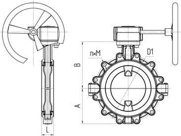 Main overall dimensions of wafer type butterfly valves PA 200 series. With a gearbox. Image
