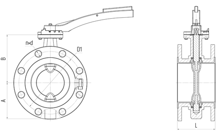 Main overall dimensions of flanged butterfly valves PA 200 series. With a handle. Image