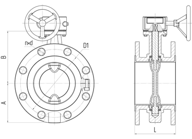Main overall dimensions of flanged butterfly valves PA 200 series. With a gearbox. Image