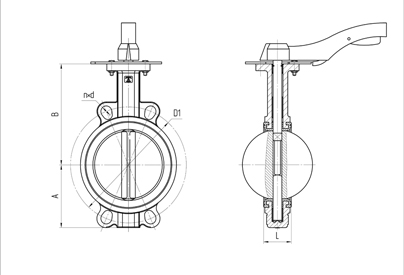 Basic overall and connection dimensions of wafer type butterfly valves. DN 40-200 with handle. Image