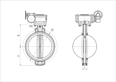 Basic overall and connection dimensions of wafer type butterfly valves. DN 40-400 with reduction gear. Image