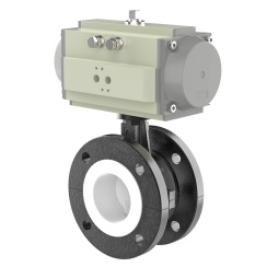 Flanged type lined butterfly valve with stainless-steel + molybdenum body and carbon steel disk and PTFE seat, DN400, PN10. PA200 series pneumatic actuator