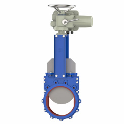 Bidirectional knife gate valve with polyurethane seat with steel body, DN100, PN10. PA560 series electric actuator