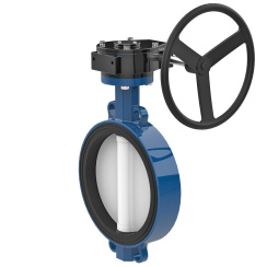 Wafer type butterfly valve and ductile iron disk and NBR seat, DN65, PN16. PA300 series reducer