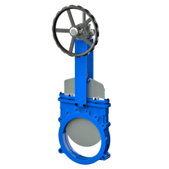 Bidirectional knife gate valve with ductile-iron body and EPDM seat, DN125, PN10. PA520 series reducer