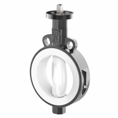 Wafer type lined butterfly valve with steel body and stainless steel disk and PTFE seat, DN100, PN10. PA200 series bare stem