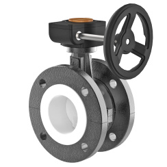 Flanged type lined butterfly valve with stainless-steel + molybdenum body and carbon steel disk and PTFE seat, DN400, PN10. PA200 series reducer