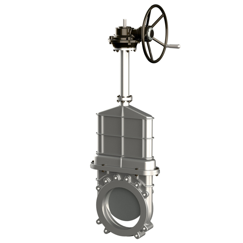 Unidirectional knife gate valve for high pressure with blind body with stainless-steel + molybdenum body and metal-on-metal seat, DN1200, PN10. PA570 series 