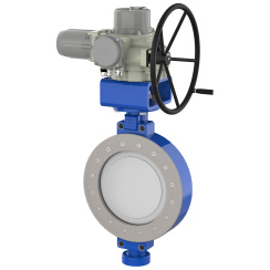 Wafer type butterfly valve with double eccentricity with stainless-steel + molybdenum body and stainless steel disk and PTFE+SS seat, DN600, PN10. PA400 series electric actuator