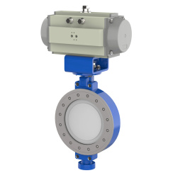 Wafer type butterfly valve with double eccentricity with stainless-steel + molybdenum body and stainless steel disk and PTFE+SS seat, DN600, PN10. PA400 series pneumatic actuator