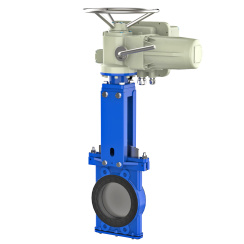 Bidirectional knife gate valve with internal rubber inserts with stainless-steel body and EPDM seat, DN100, PN16. PA550 series electric actuator