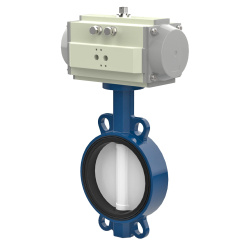 Wafer type butterfly valve and ductile iron disk and NBR seat, DN65, PN16. PA300 series pneumatic actuator