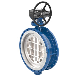 Flanged type butterfly valve with tripple eccentricity with stainless-steel body and alloyed-steel disk and ss304+graphite seat, DN1000, PN25. PA900 series reducer