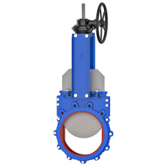 Bidirectional knife gate valve with polyurethane seat with steel body, DN100, PN10. PA560 series reducer