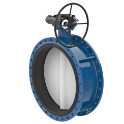 Flanged type butterfly valve with steel body and carbon steel disk and Viton seat, DN900, PN10. PA300 series reducer