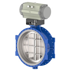 Wafer type butterfly valve with double eccentricity with stainless-steel body and stainless steel with molybdenum disk and Viton seat, DN1400, PN16. PA700 series pneumatic actuator