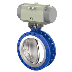 Flanged type butterfly valve with double eccentricity and stainless steel disk and PTFE seat, DN300, PN16. PA700 series pneumatic actuator