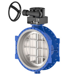 Wafer type butterfly valve with double eccentricity with stainless-steel body and stainless steel disk and PTFE seat, DN1400, PN16. PA700 series reducer