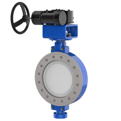 Wafer type butterfly valve with double eccentricity with stainless-steel + molybdenum body and stainless steel disk and PTFE+SS seat, DN600, PN10. PA400 series reducer