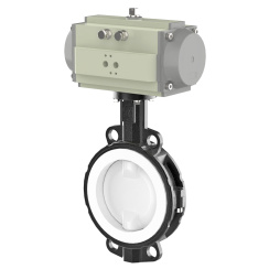Wafer type lined butterfly valve with steel body and stainless steel disk and PTFE seat, DN50, PN10. PA200 series pneumatic actuator
