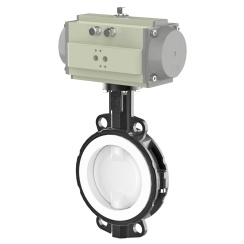 Wafer type lined butterfly valve with steel body and stainless steel disk and PTFE seat, DN100, PN10. PA200 series pneumatic actuator