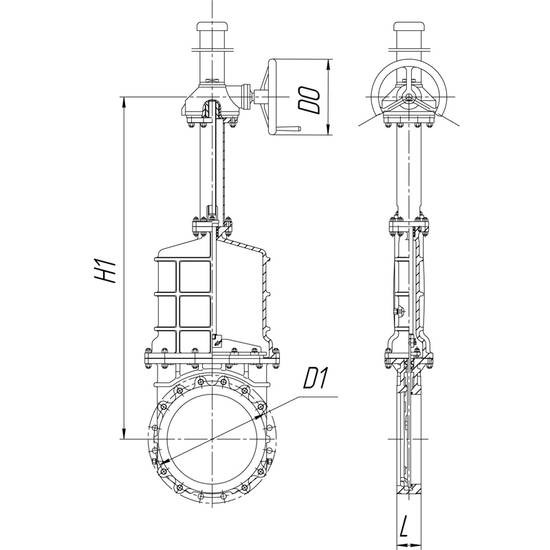 Unidirectional knife gate valve for high pressure with blind body with stainless-steel + molybdenum body and metal-on-metal seat, DN2000, PN10. PA570 series 