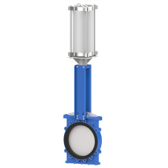 Bidirectional knife gate valve with internal rubber inserts with stainless-steel + molybdenum body and EPDM seat, DN350, PN10. PA550 series pneumatic actuator