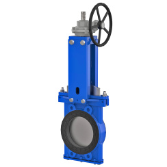 Bidirectional knife gate valve with internal rubber inserts with ductile-iron body and ss304+graphite seat, DN150, PN10. PA550 series reducer