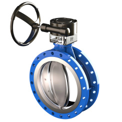 Flanged type butterfly valve with double eccentricity and stainless steel disk and PTFE seat, DN300, PN16. PA700 series reducer