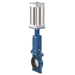 Bidirectional knife gate valve with internal rubber inserts with stainless-steel + molybdenum body and NBR seat, DN200, PN10. PA550 series pneumatic actuator
