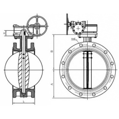 Flanged type butterfly valve and ductile iron disk and NBR seat, DN50, PN10. PA300 series reducer