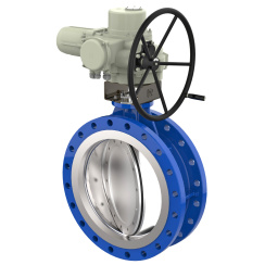 Flanged type butterfly valve with double eccentricity and stainless steel disk and PTFE seat, DN300, PN16. PA700 series electric actuator