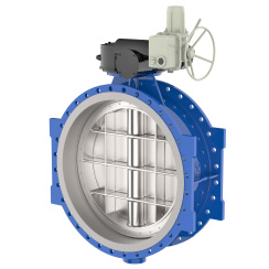 Flanged type butterfly valve with double eccentricity and carbon steel disk and EPDM seat, DN1200, PN16. PA700 series electric actuator