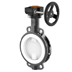 Wafer type lined butterfly valve with steel body and stainless steel disk and PTFE seat, DN50, PN10. PA200 series reducer