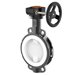 Wafer type lined butterfly valve with steel body and stainless steel disk and PTFE seat, DN100, PN10. PA200 series reducer